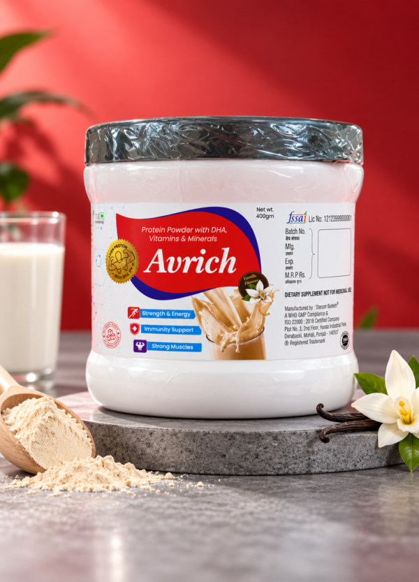 avrich vanilla protein powder still life