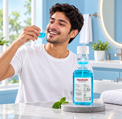 smiling man with mouthwash in blue bathroom